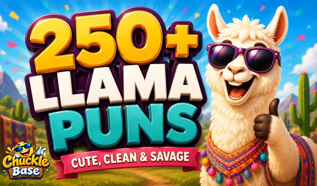 250+ llama puns thumbnail with a cheerful cartoon llama