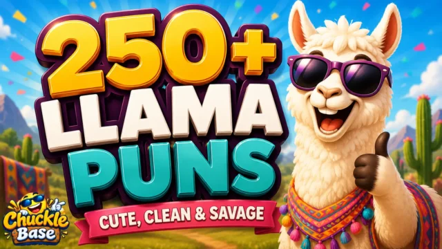250+ llama puns thumbnail with a cheerful cartoon llama