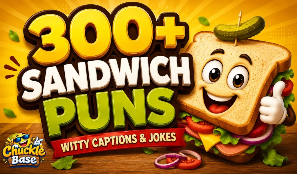 300+ sandwich puns thumbnail with a cheerful cartoon sandwich