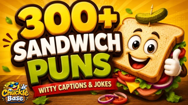 300+ sandwich puns thumbnail with a cheerful cartoon sandwich