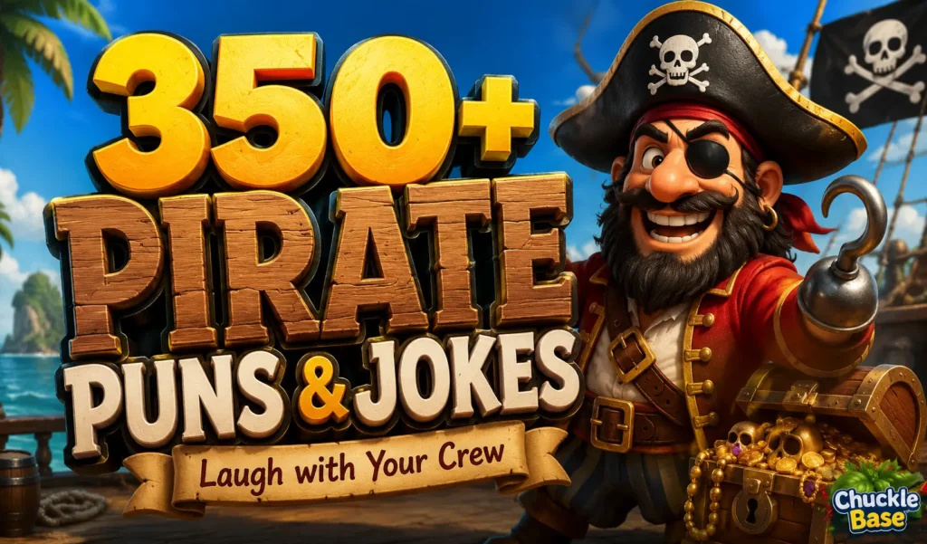 Pirate puns thumbnail with a cartoon pirate, treasure, and bold 350+ pirate puns text