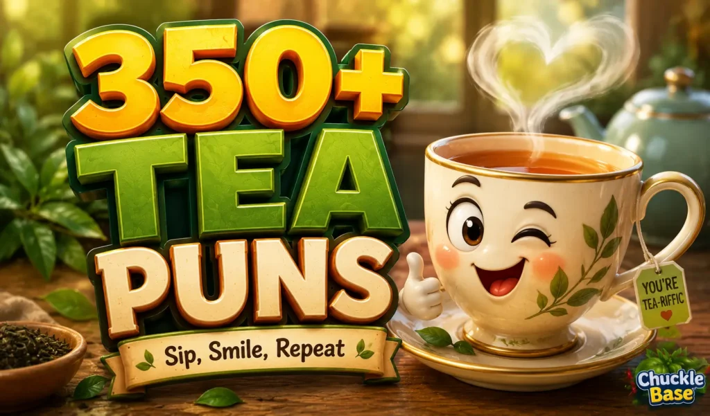 Tea puns thumbnail with a cheerful teacup and bold 350+ tea puns text