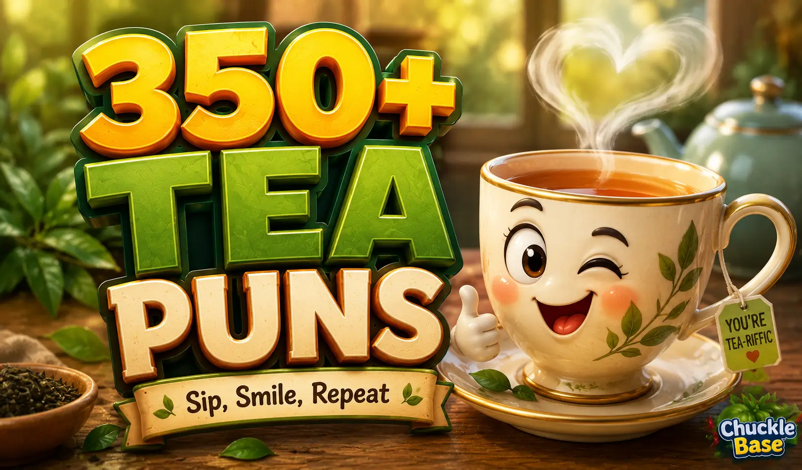 Tea puns thumbnail with a cheerful teacup and bold 350+ tea puns text