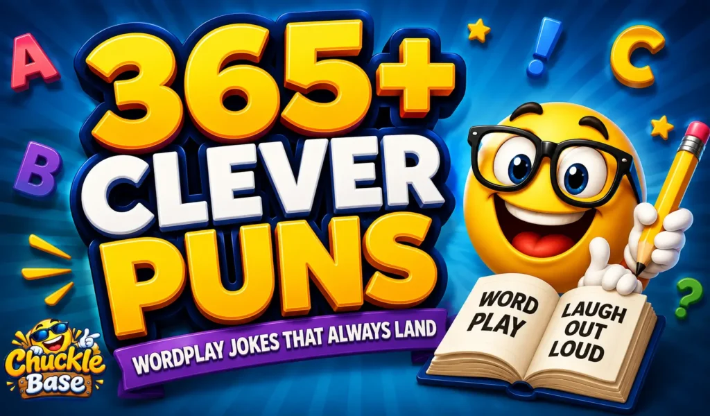 365+ clever puns thumbnail with a cheerful wordplay mascot