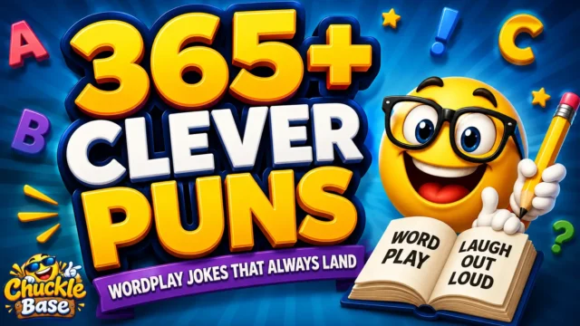 365+ clever puns thumbnail with a cheerful wordplay mascot