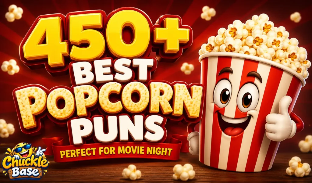 450+ popcorn puns thumbnail with a cheerful popcorn mascot
