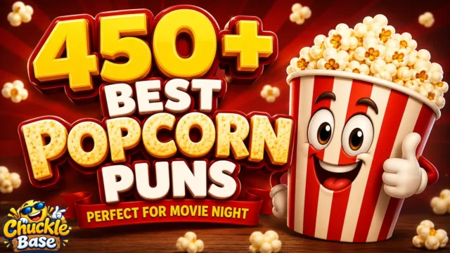 450+ popcorn puns thumbnail with a cheerful popcorn mascot