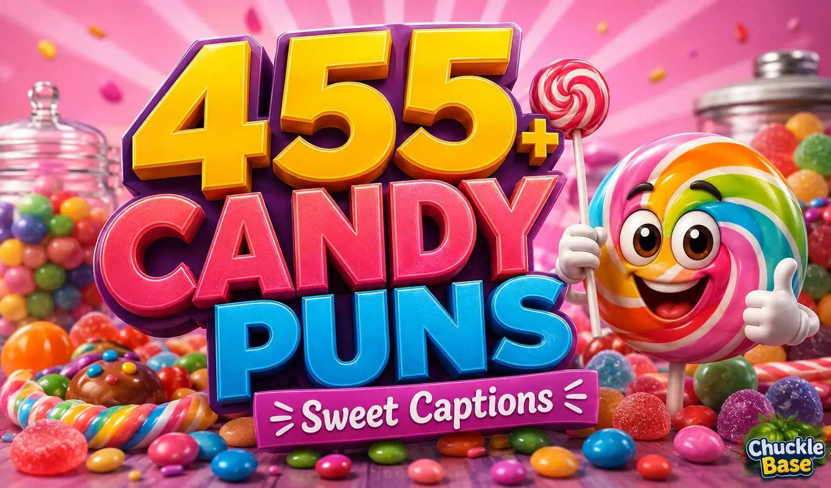 Candy puns thumbnail with colorful sweets, a lollipop character, and bold 455+ candy puns text
