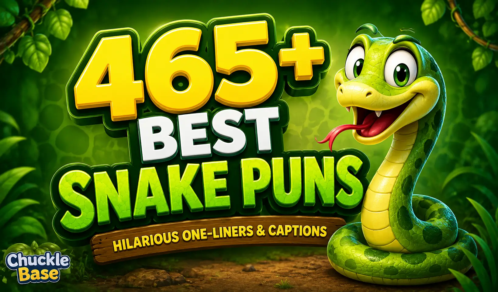 465+ snake puns thumbnail with a cheerful cartoon snake