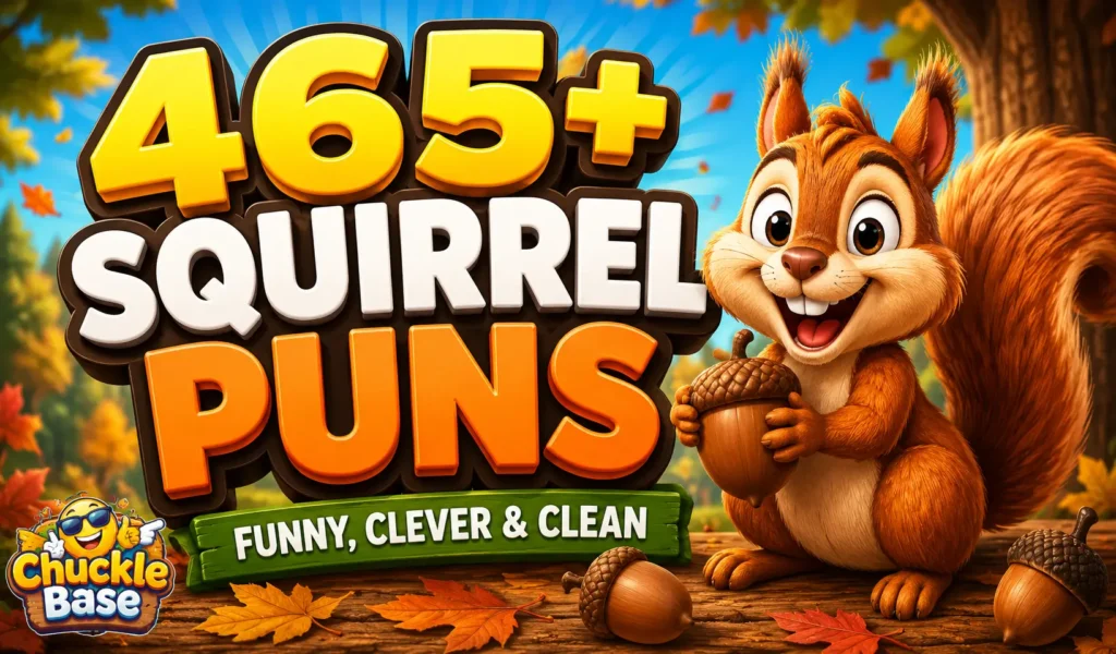 465+ squirrel puns thumbnail with a cheerful cartoon squirrel and acorns