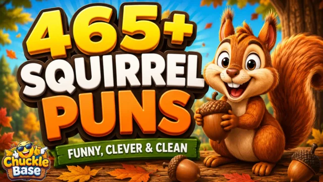 465+ squirrel puns thumbnail with a cheerful cartoon squirrel and acorns