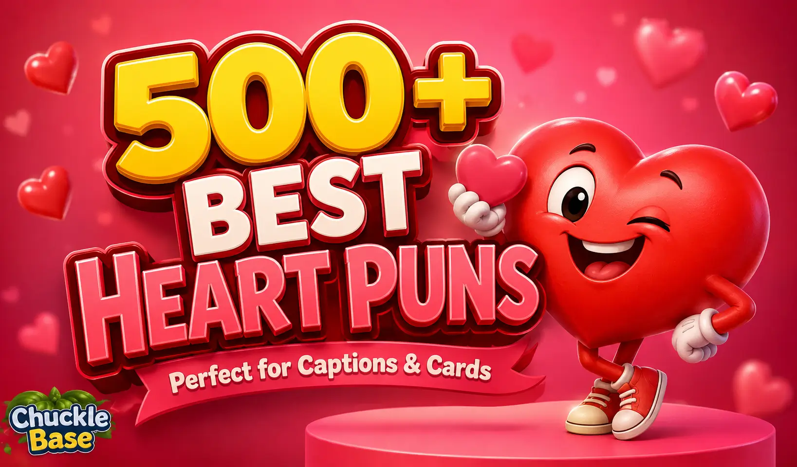 500+ heart puns thumbnail with a smiling heart mascot