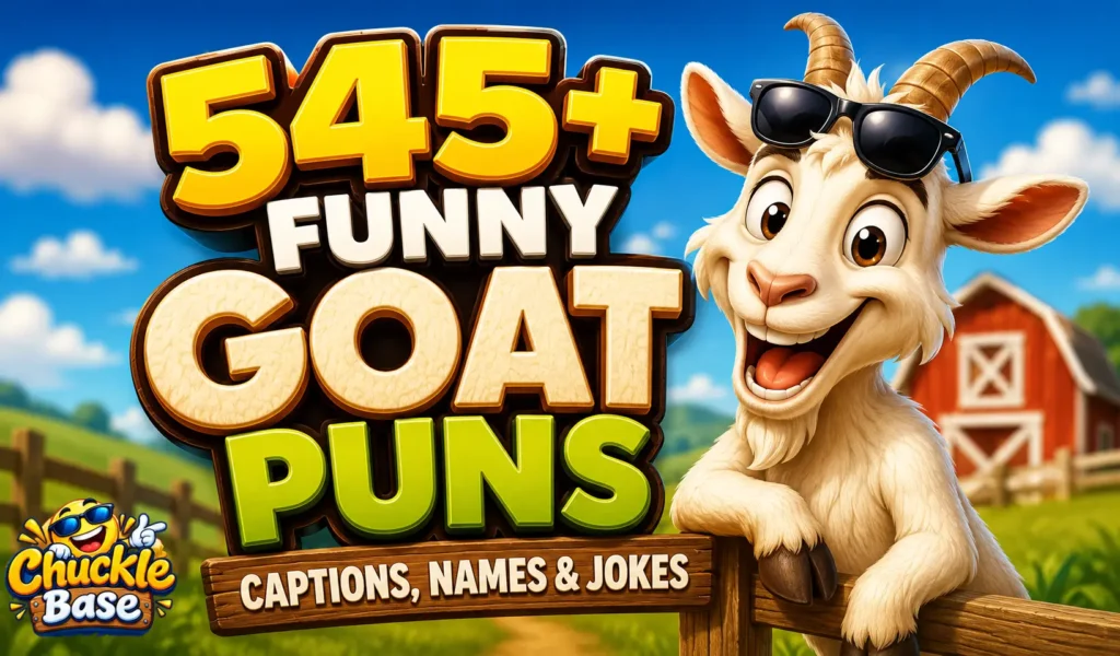 545+ goat puns thumbnail with a cheerful cartoon goat