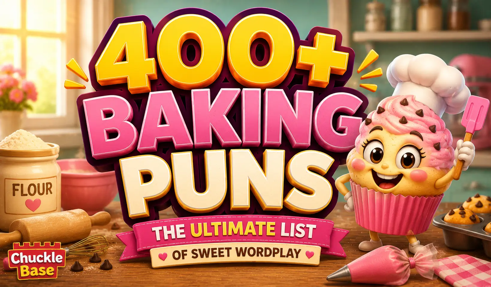 Baking puns with colorful cupcakes and sweet treats