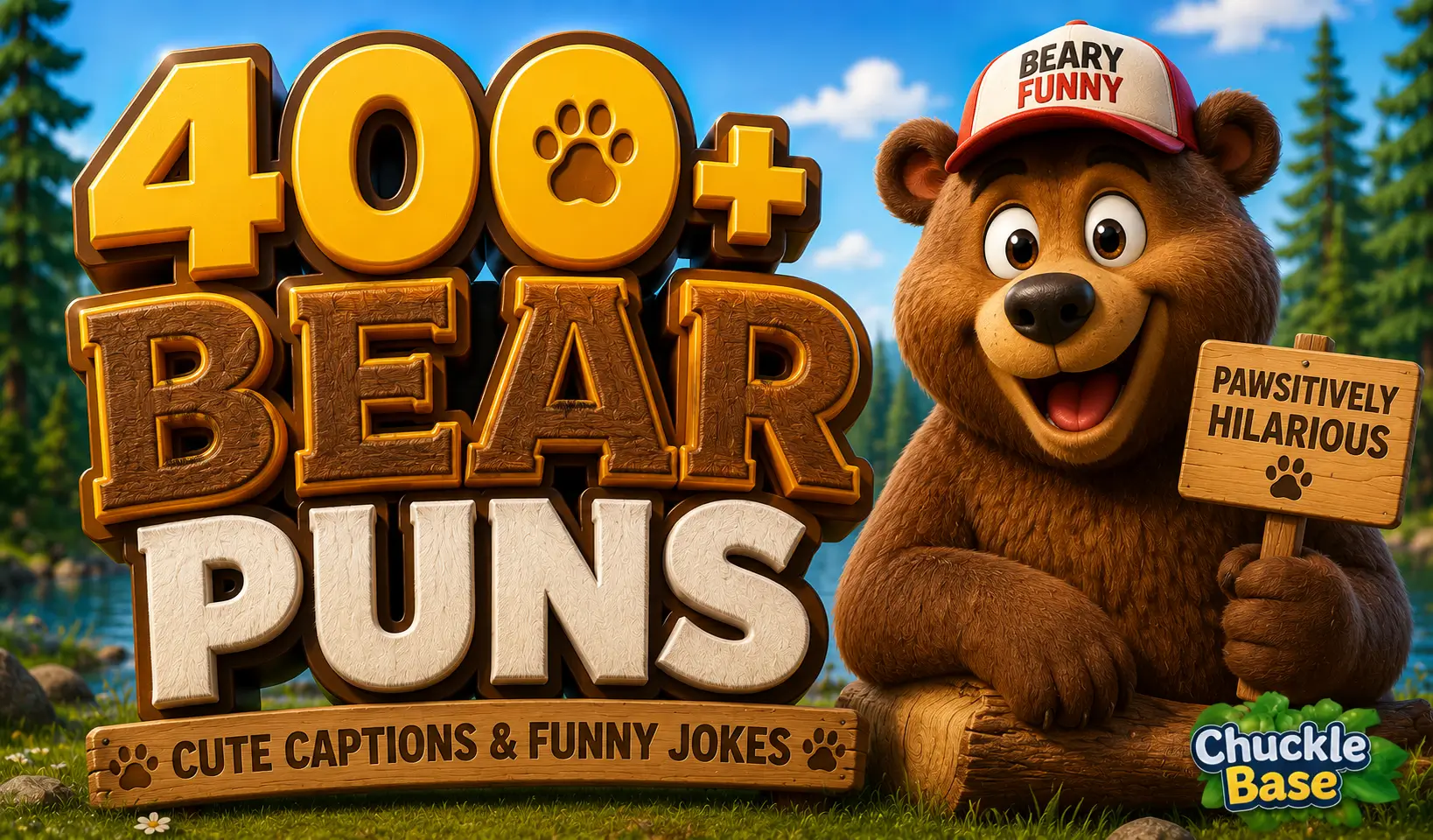 Bear puns thumbnail with a cheerful cartoon bear and bold 400+ bear puns text