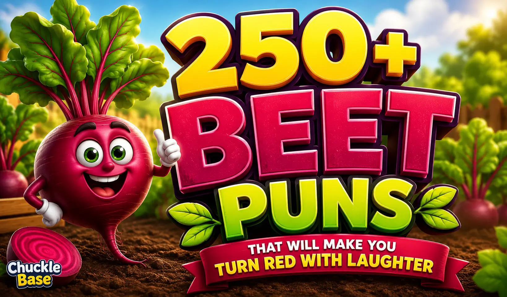 250+ beet puns thumbnail with a cheerful cartoon beet in a sunny garden
