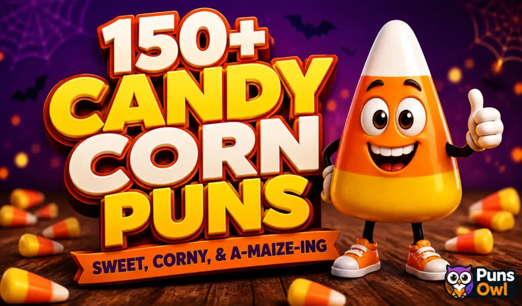 Candy corn mascot with bold 3D candy corn puns text on a Halloween background
