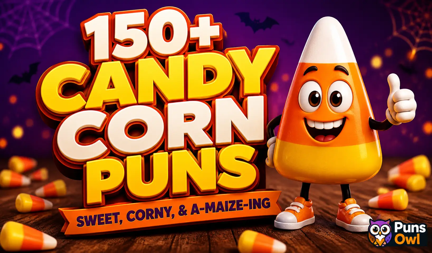 Candy corn mascot with bold 3D candy corn puns text on a Halloween background