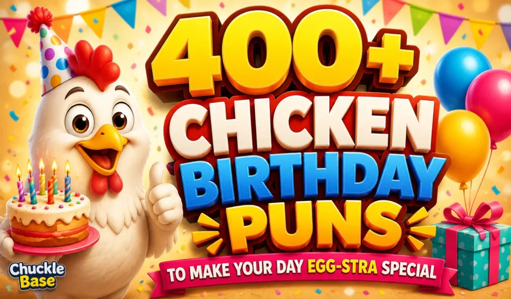 00+ chicken birthday puns with a cheerful party chicken and birthday cake