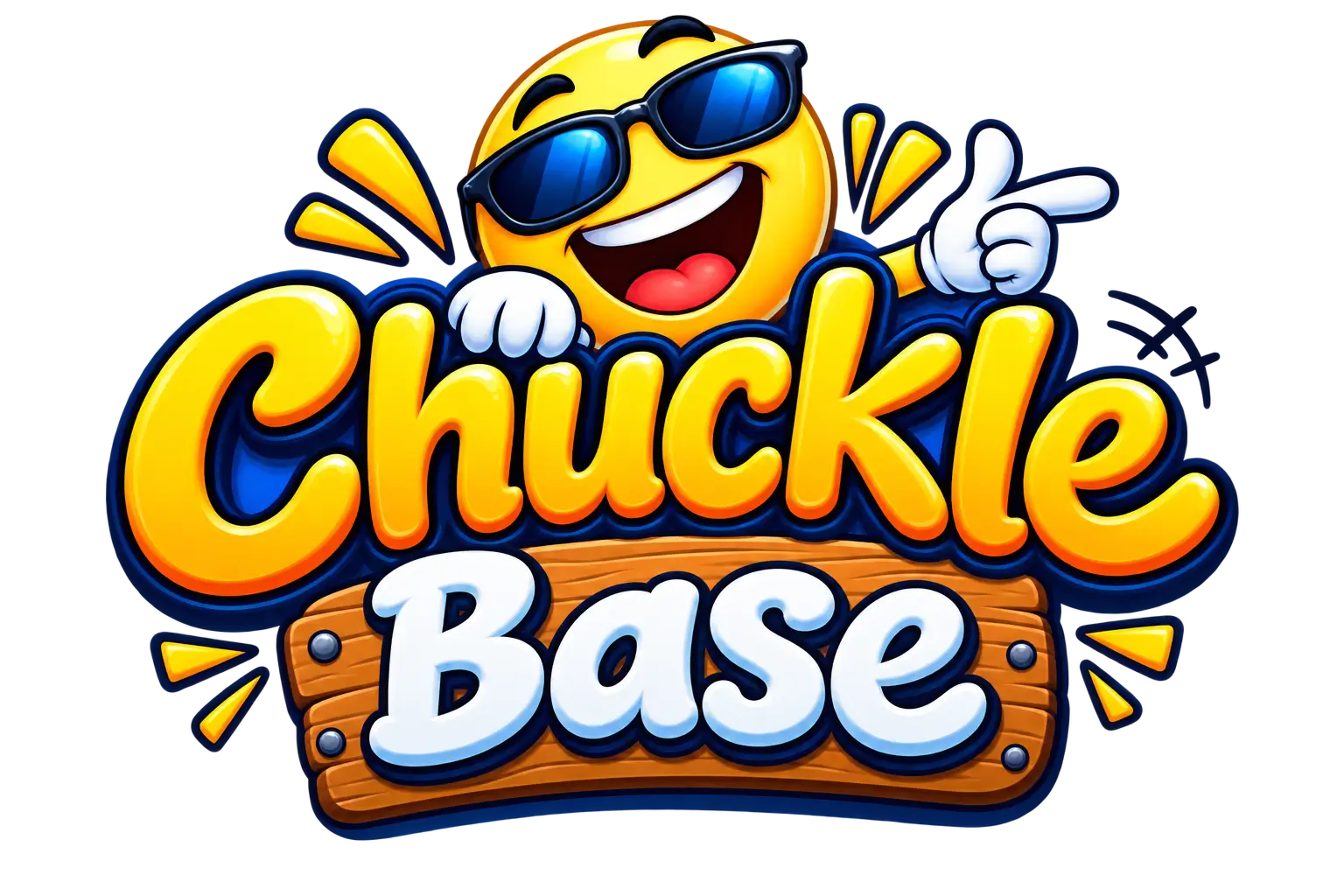 Chuckle Base logo featuring playful lettering and a laughing sunglasses mascot
