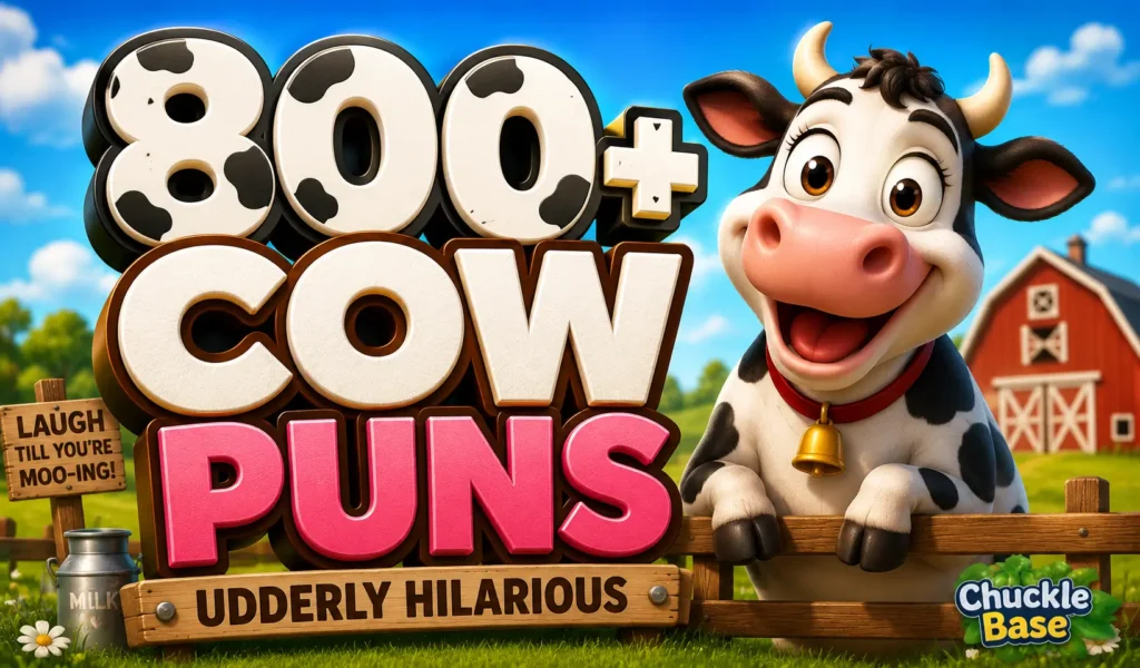 Cow puns thumbnail with a cheerful cartoon cow and bold 800+ cow puns text