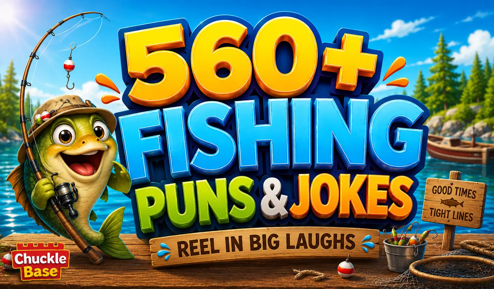 Colorful fishing mascot with bold text for 560+ fishing puns