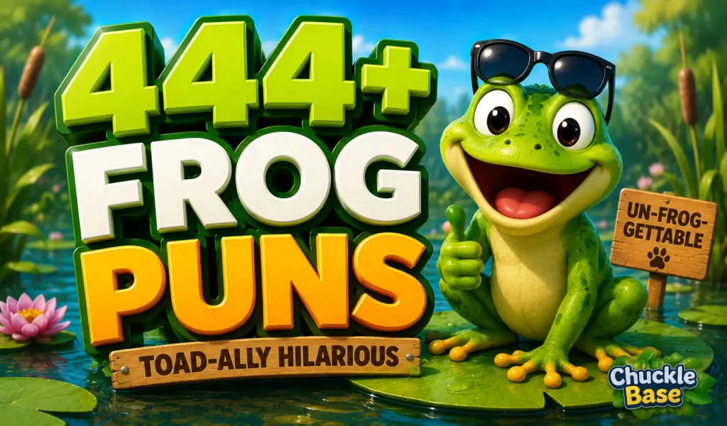 Frog puns thumbnail with a cheerful cartoon frog and bold 444+ frog puns text