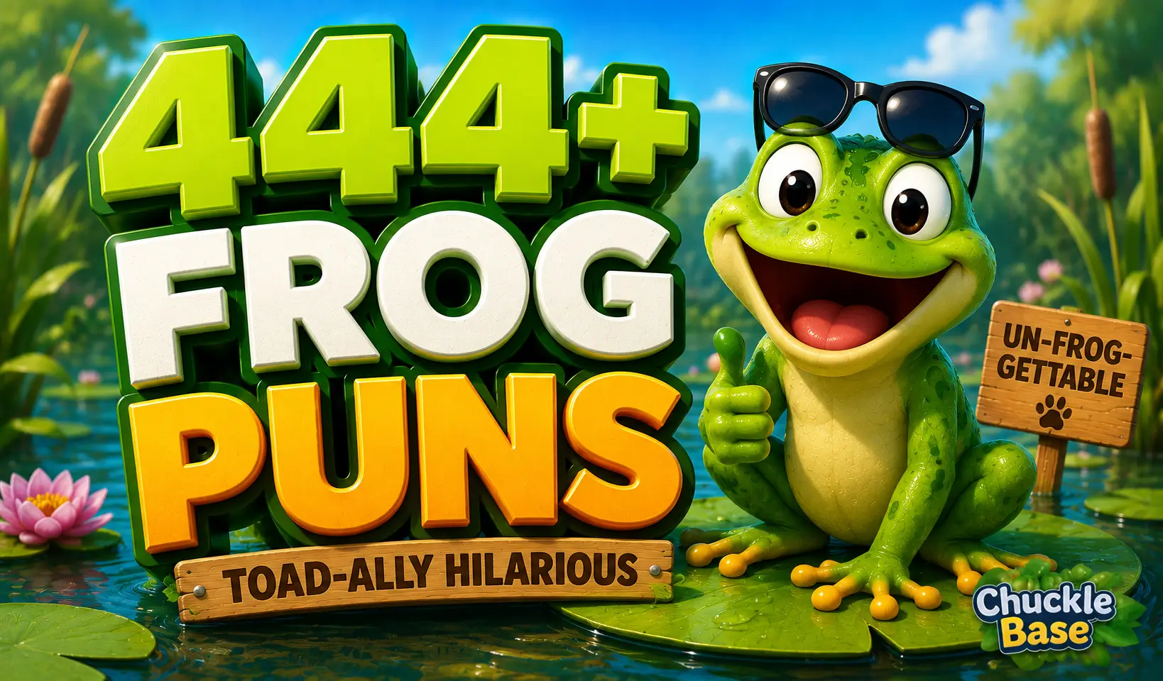 Frog puns thumbnail with a cheerful cartoon frog and bold 444+ frog puns text