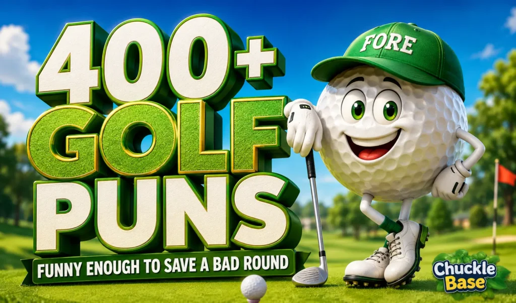 Golf puns funny with a cheerful golf ball mascot on a sunny golf course