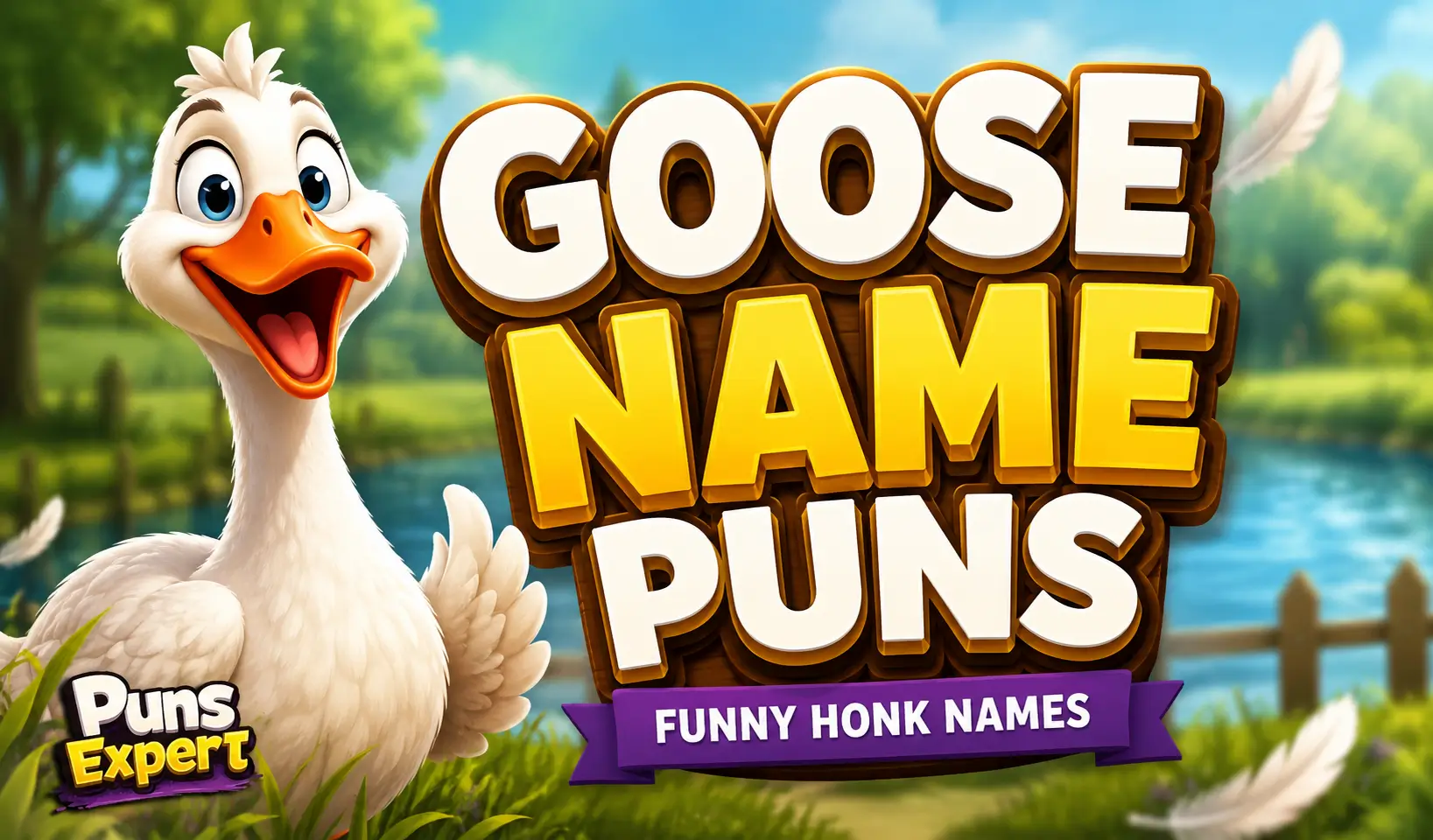 Cartoon goose with bold 3D "Goose Name Puns" text and Chuckle Base logo for the goose name puns article.