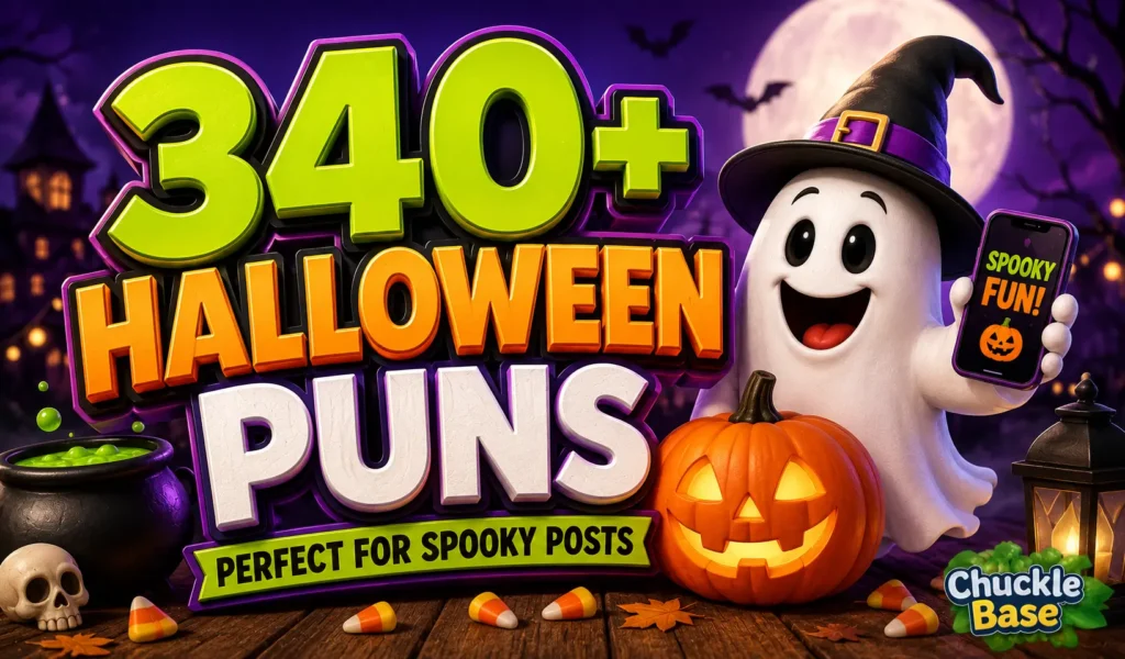 Halloween puns thumbnail with a cheerful ghost, pumpkin, and spooky 340+ puns text