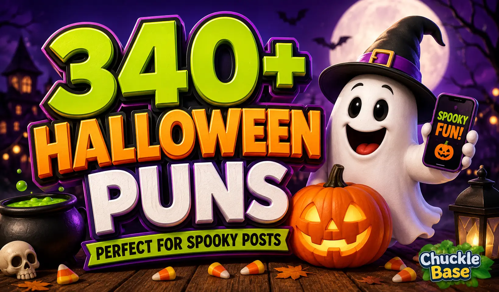 Halloween puns thumbnail with a cheerful ghost, pumpkin, and spooky 340+ puns text