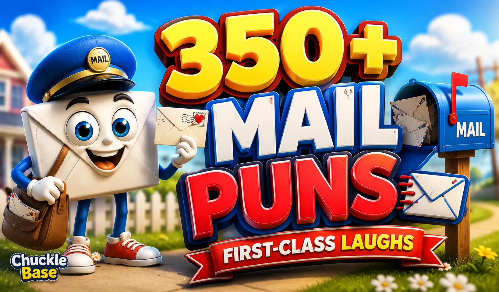 350+ mail puns thumbnail with a cheerful cartoon envelope and mailbox