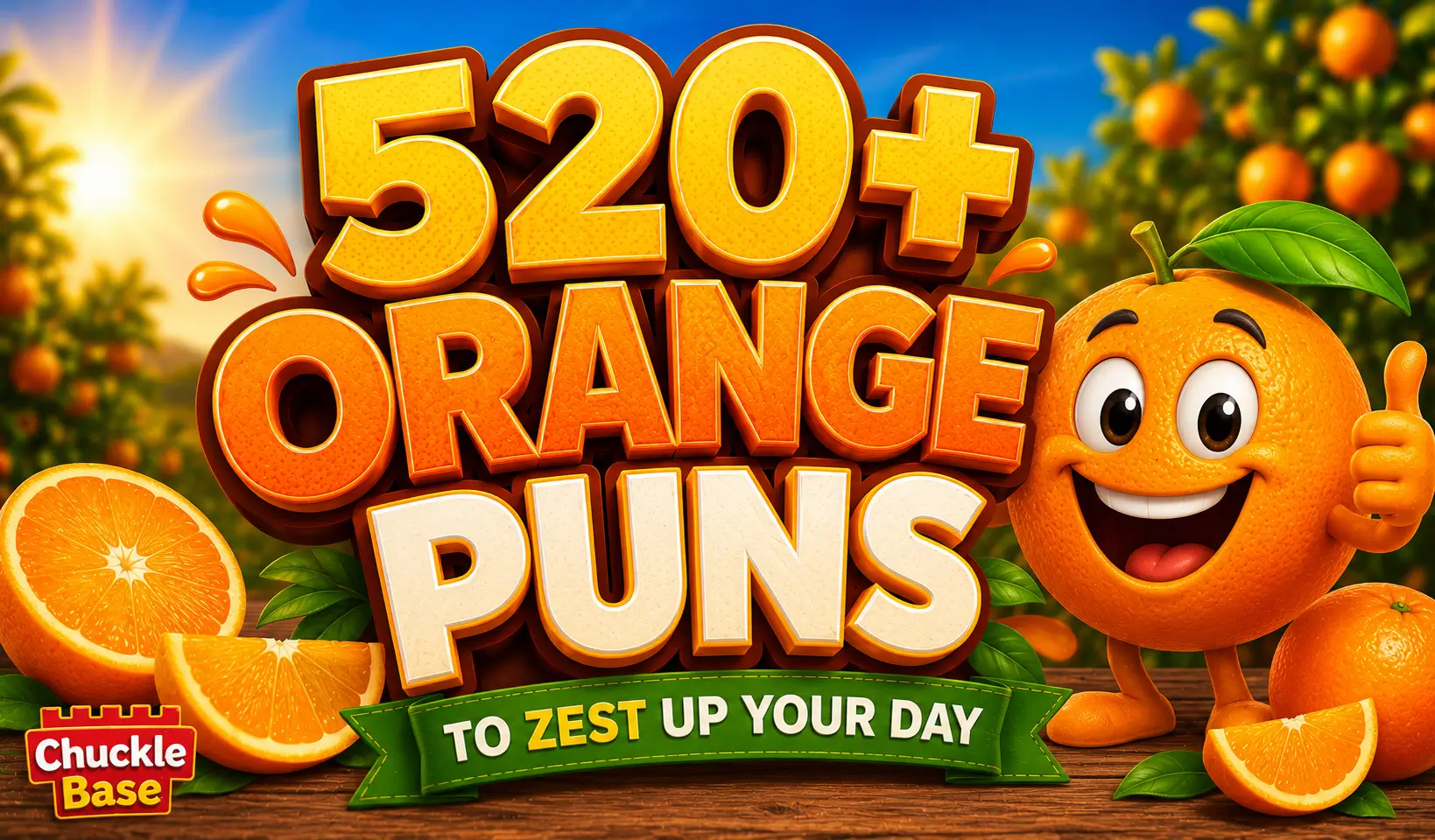 520+ orange puns with a cheerful orange character in a sunny orchard