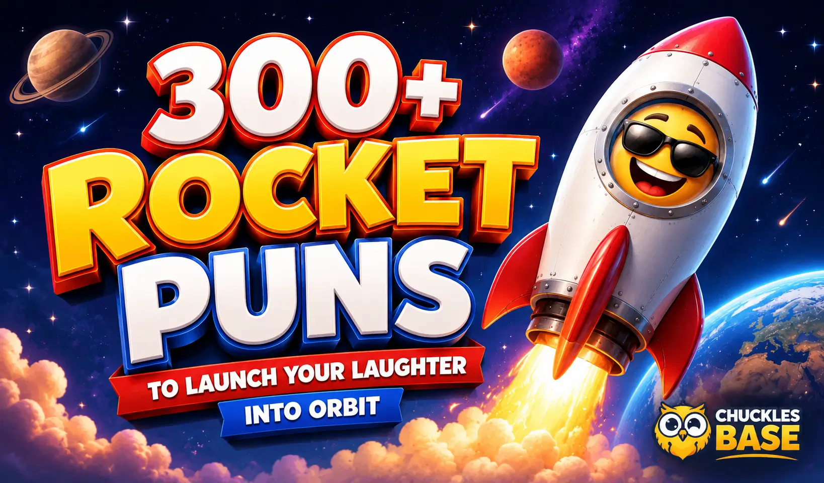 Colorful rocket launching beside bold 3D rocket puns text in a space scene