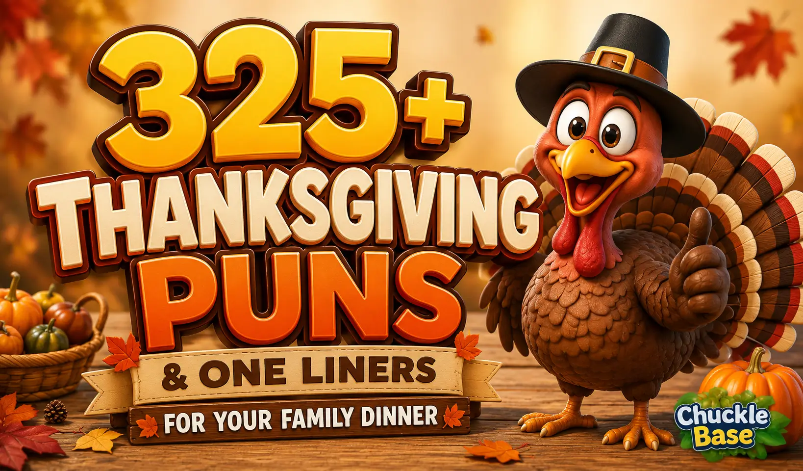 Thanksgiving puns one liners with a cheerful turkey and festive autumn decorations
