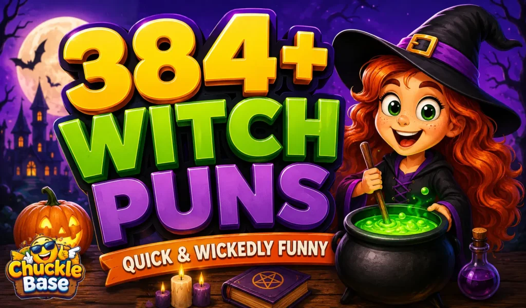 384+ witch puns thumbnail with a cheerful cartoon witch and Halloween scene