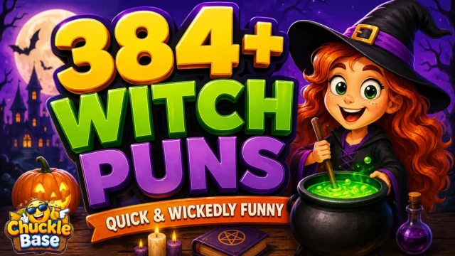 384+ witch puns thumbnail with a cheerful cartoon witch and Halloween scene
