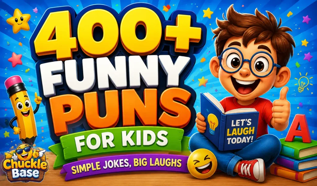 400+ funny puns for kids thumbnail with a cheerful cartoon child and colorful joke illustrations