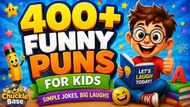 400+ funny puns for kids thumbnail with a cheerful cartoon child and colorful joke illustrations