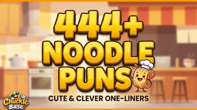 Bright thumbnail for 444+ funny noodle puns featuring bold 3D text and a cute cartoon noodle character in a kitchen.