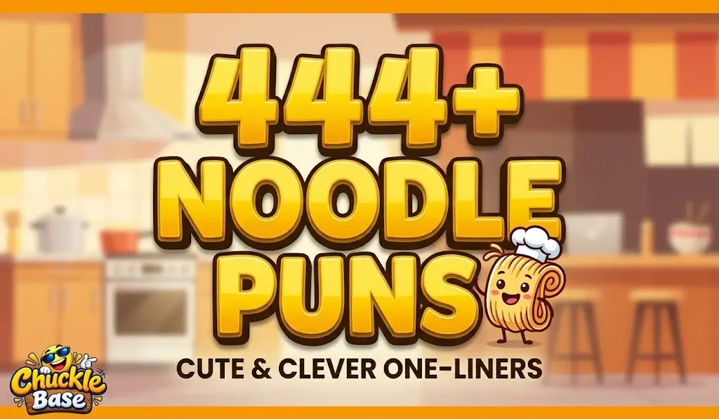 Bright thumbnail for 444+ funny noodle puns featuring bold 3D text and a cute cartoon noodle character in a kitchen.