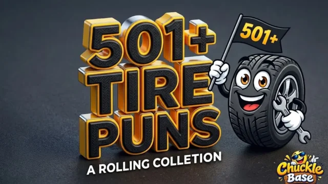 A playful thumbnail with chunky yellow and black text that reads '501+ Tire Puns,' featuring a smiling cartoon tire character on a textured road.