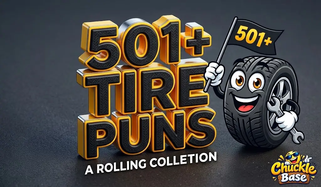 A playful thumbnail with chunky yellow and black text that reads '501+ Tire Puns,' featuring a smiling cartoon tire character on a textured road.