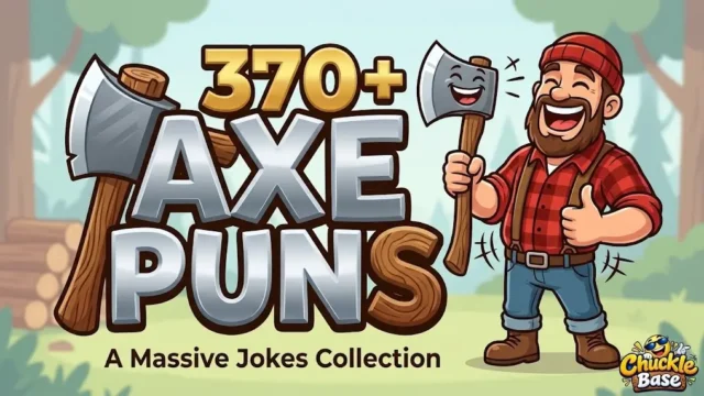Large 3D text for AXE PUNS with 370+ and a split title, next to a cartoon lumberjack character laughing.