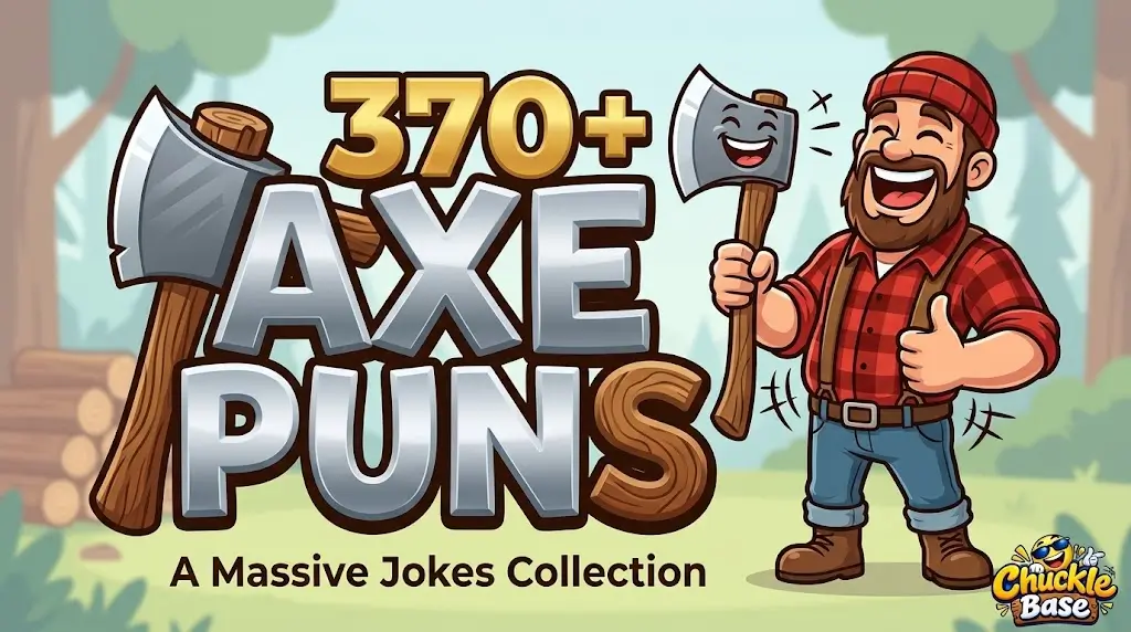 Large 3D text for AXE PUNS with 370+ and a split title, next to a cartoon lumberjack character laughing.