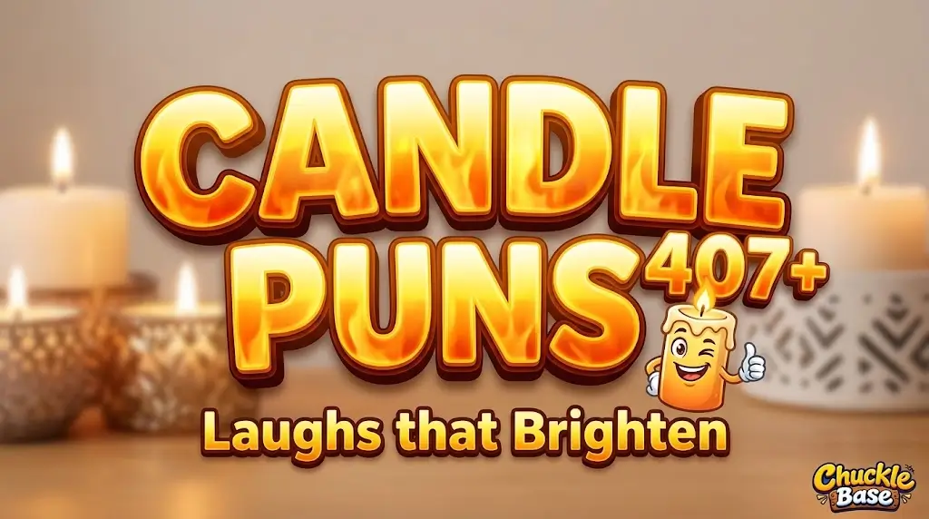 A warm dimensional 3D thumbnail for 'CANDLE PUNS' with a laughing lit candle mascot and the tagline 'Laughs that Brighten'.
