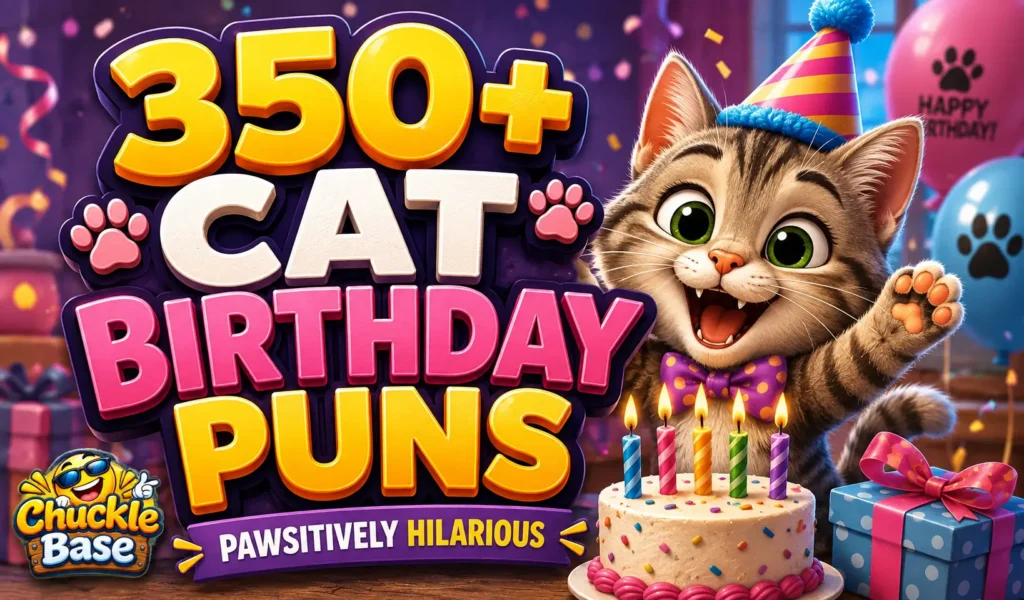 Cat birthday puns thumbnail featuring a cute celebratory cat and colorful birthday decorations