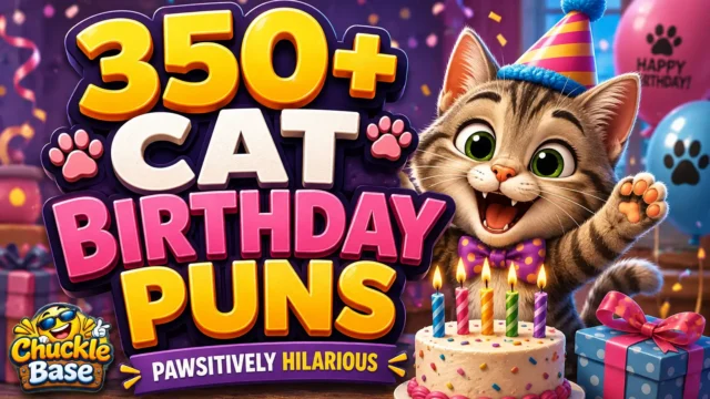 Cat birthday puns thumbnail featuring a cute celebratory cat and colorful birthday decorations
