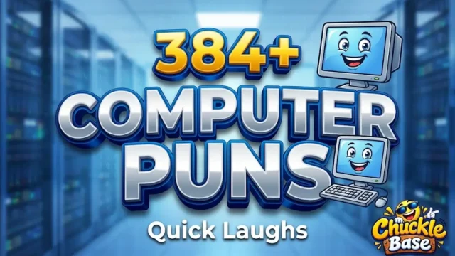 A bold 3D thumbnail for Computer Puns featuring chunky silver and blue typography, a smiling cartoon computer, and cool server room background.